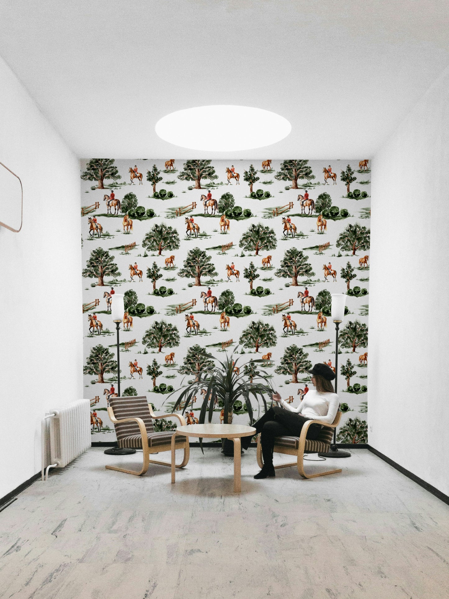 The scene is set in a green, scenic countryside.

