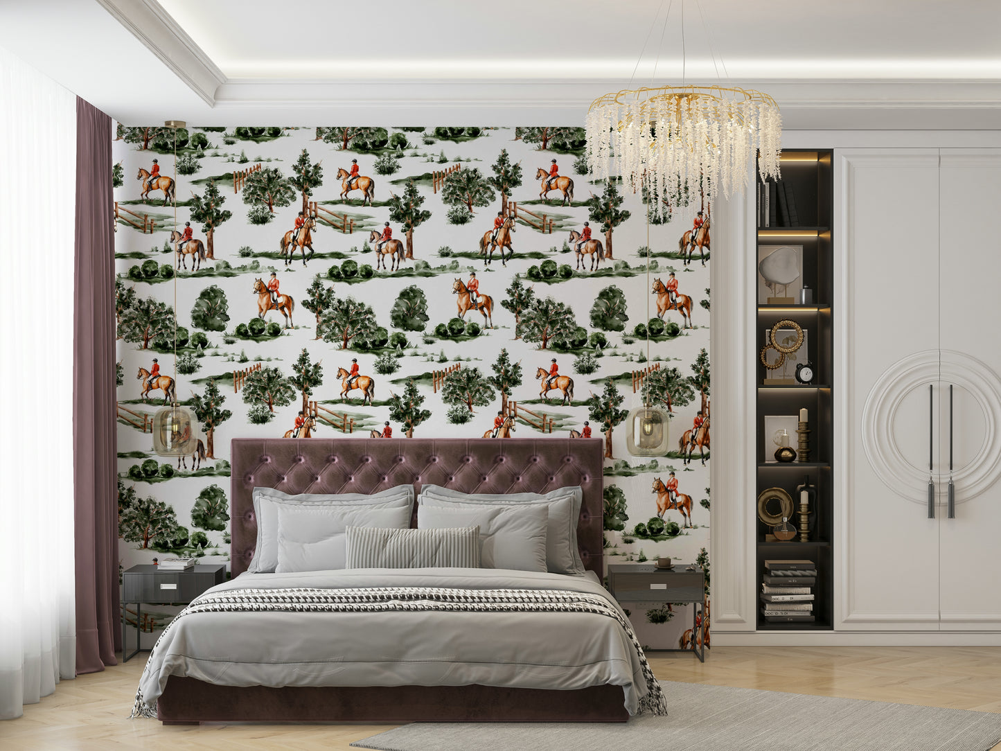 Riders on horseback in red hunting coats.

