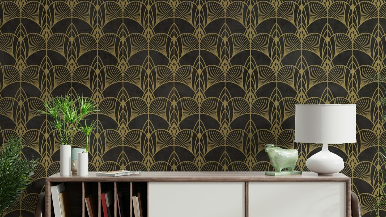 Wallpaper with a black and gold Art Deco fan pattern.


