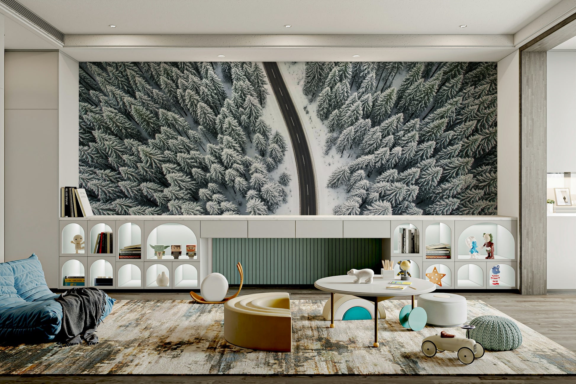 The mural features a forest landscape in winter.

