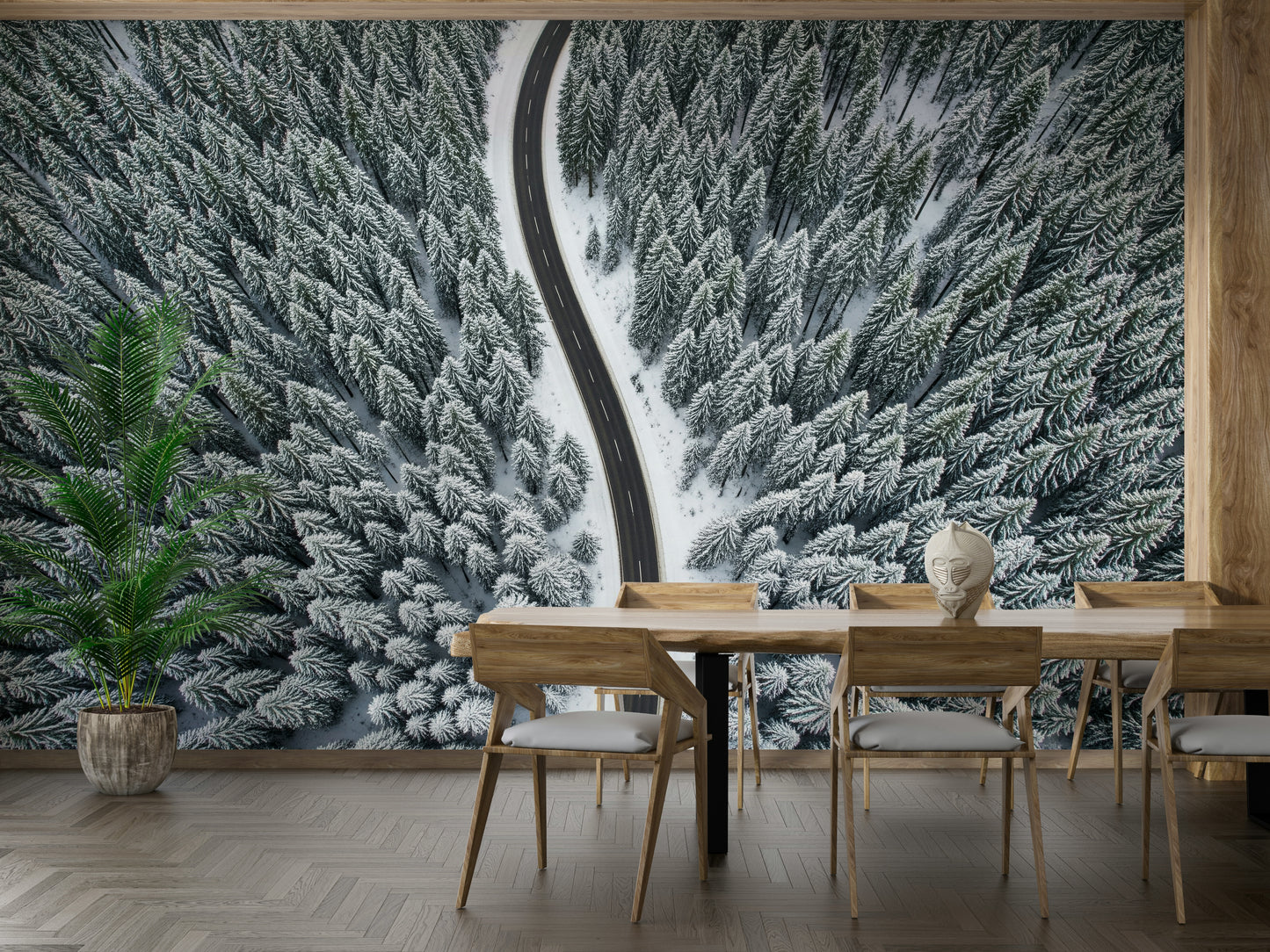 Wall mural of a snow-covered road.

