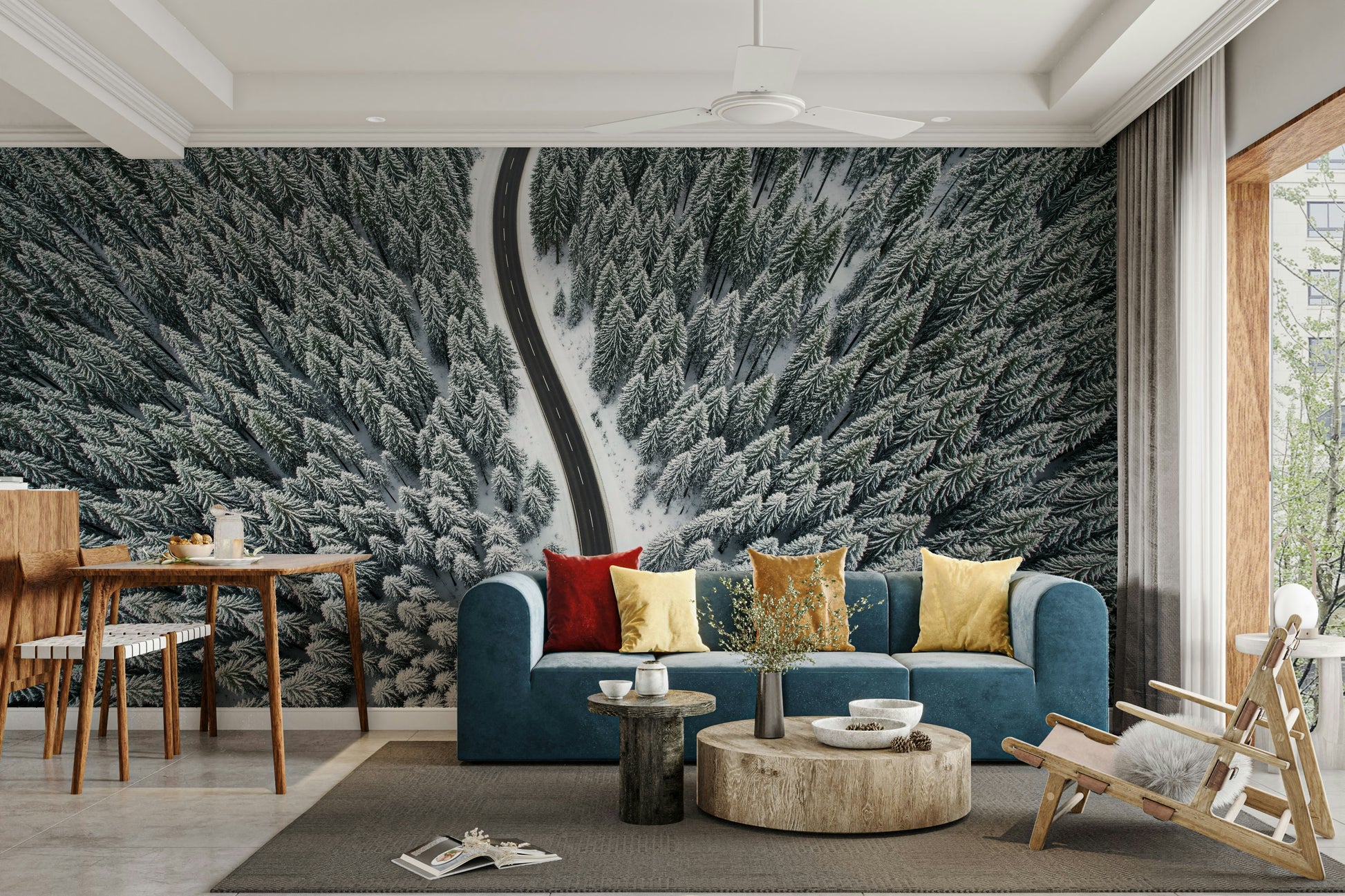 A wall covering depicting a serene winter scene.

