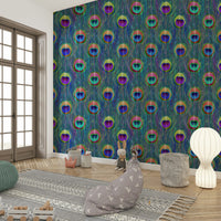 A decorative wall covering with a repeating feather motif.

