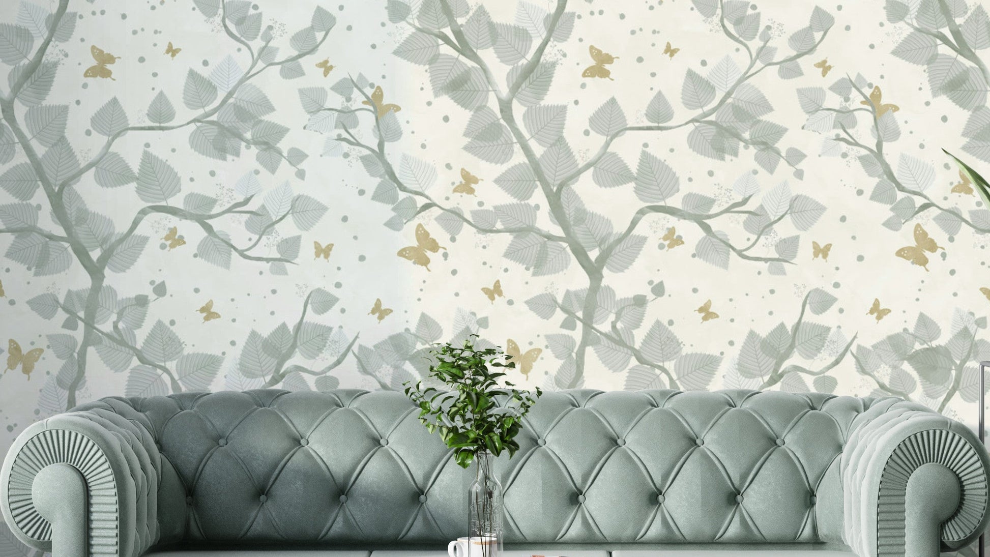 Wallpaper pattern with baby blue and gray tree branches.

