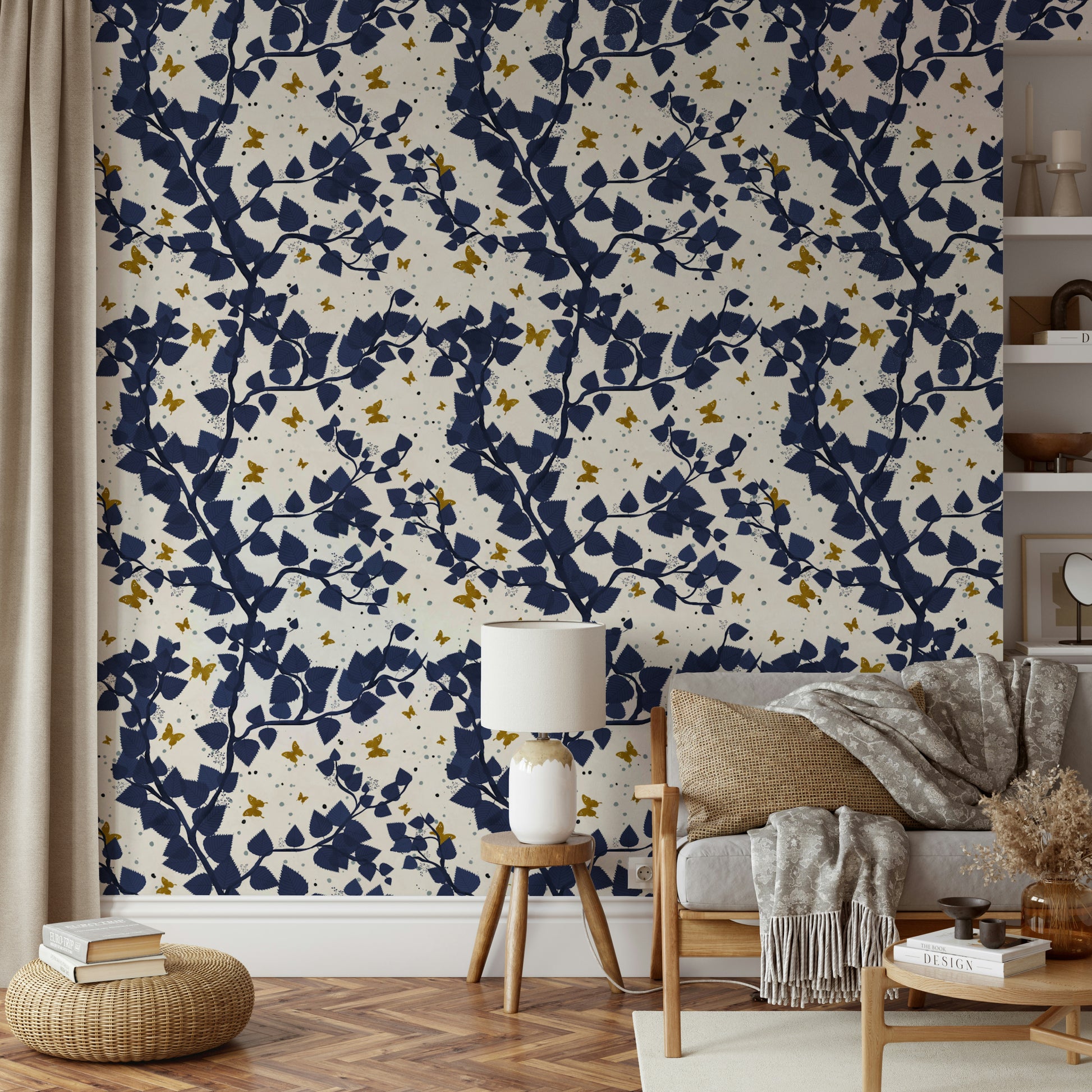 gold butterflies on a deep blue background

