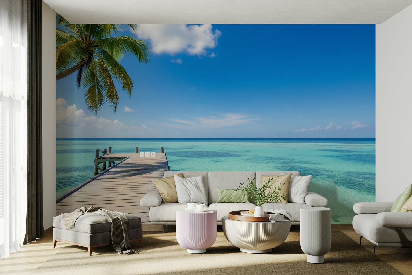 A wall mural depicting a serene, tropical scene.
