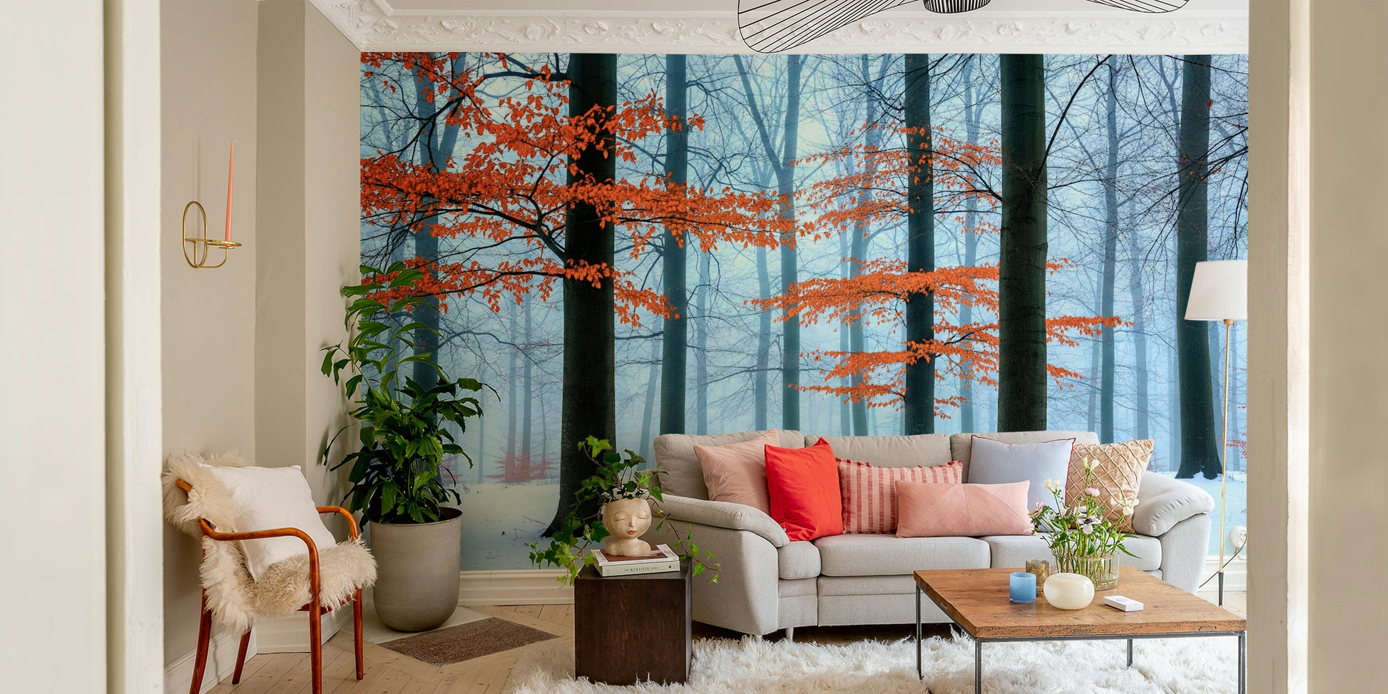 A wide shot of a wall mural showing a serene autumn forest.
