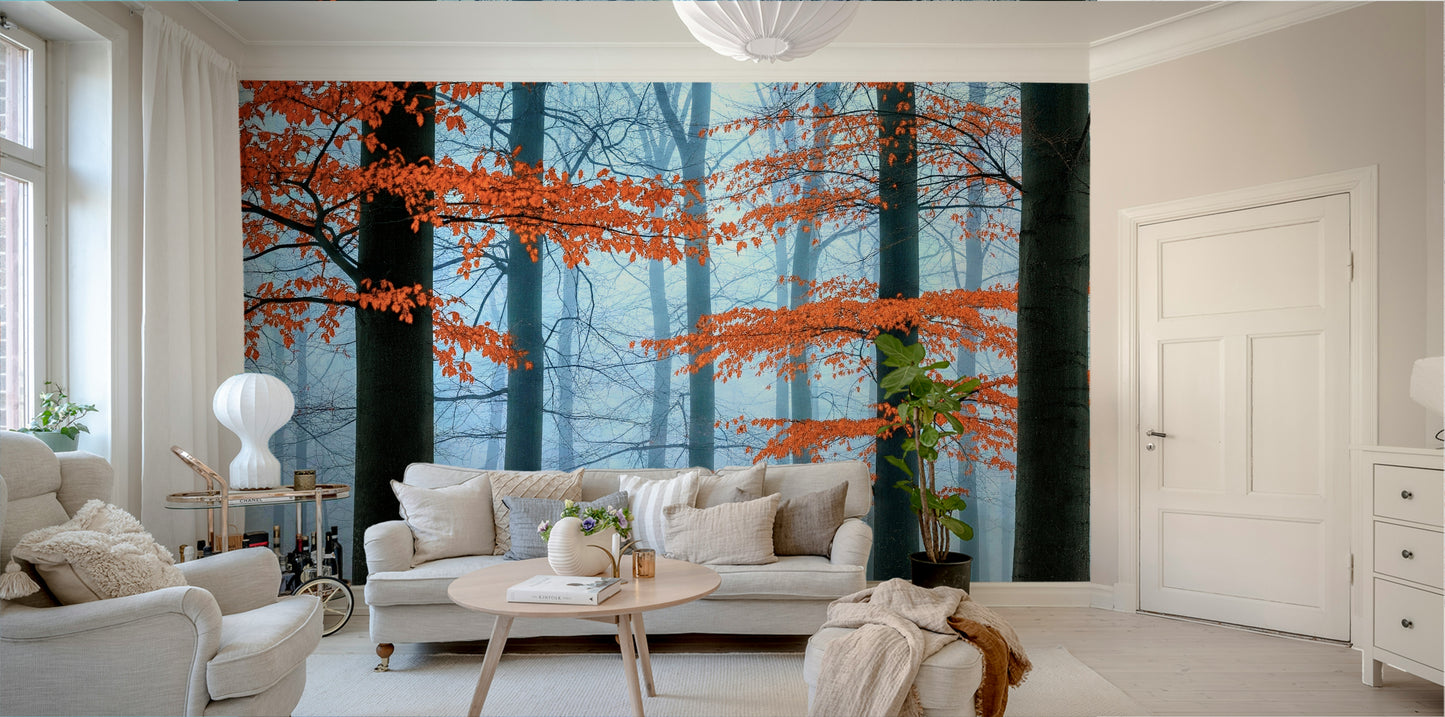 The mural gives the illusion of a window looking out onto a beautiful autumn scene.
