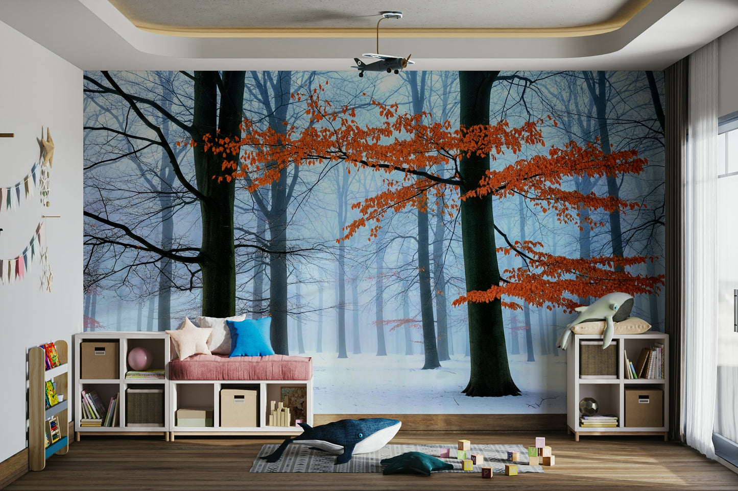 A wide shot of a wall mural showing a frozen forest.
