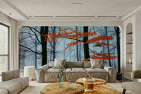 Soft, glowing ember lights are filtering through the trees, creating a warm contrast.
