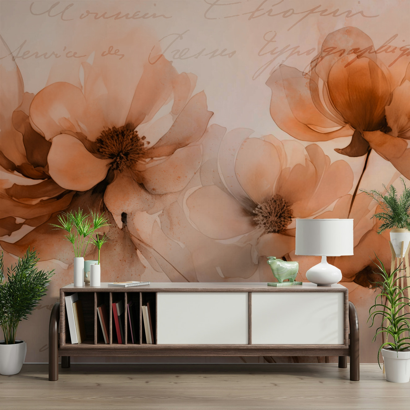 A wall mural with a vintage-style repeating floral pattern.
