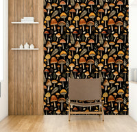 A wallpaper with a whimsical watercolor pattern of mushrooms and foliage.
