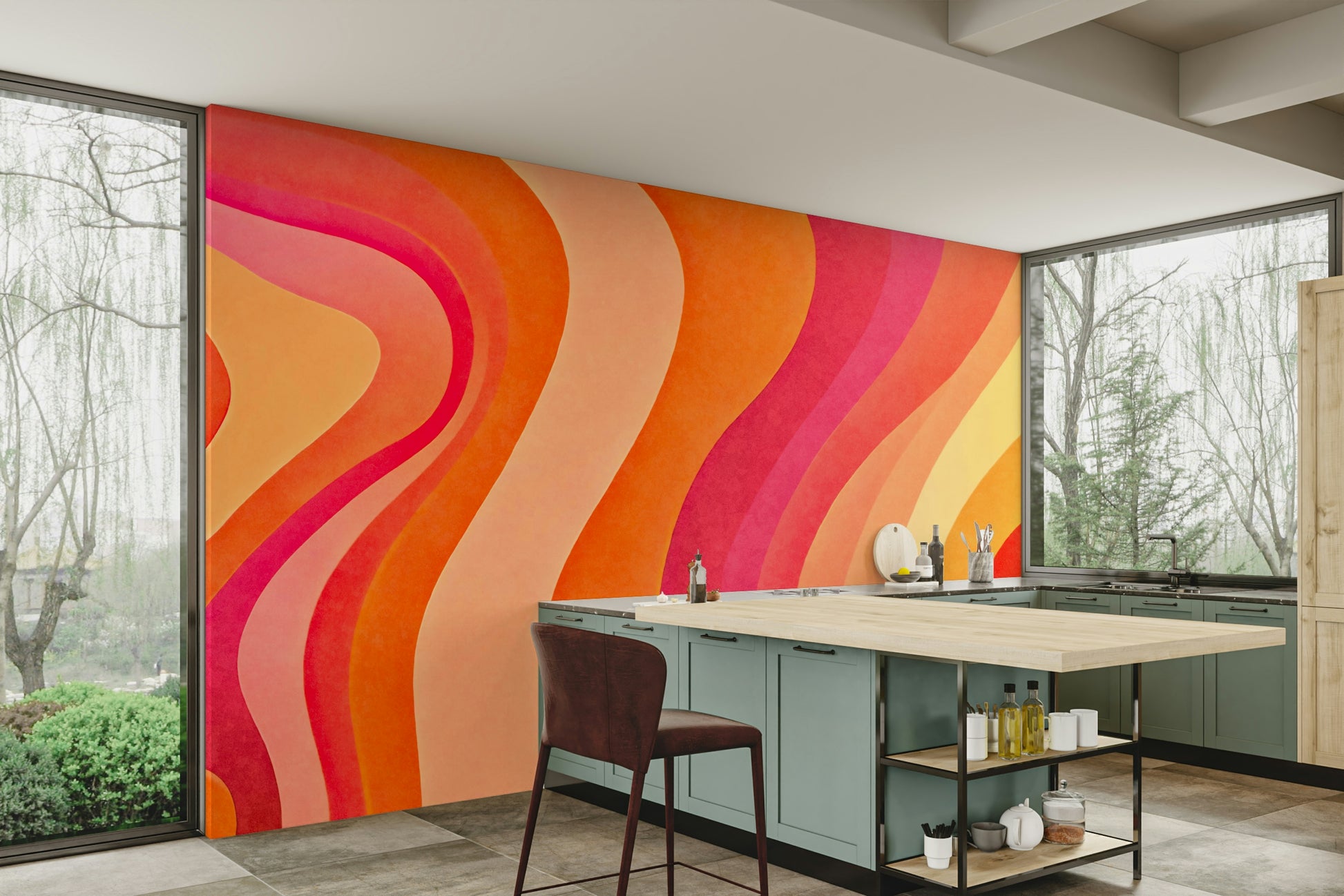 The artistic style is retro and a bit cartoonish, perfect for a fun space.

