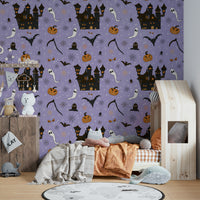 Phantom Castle Foggy Lavender mysterious wall mural.
