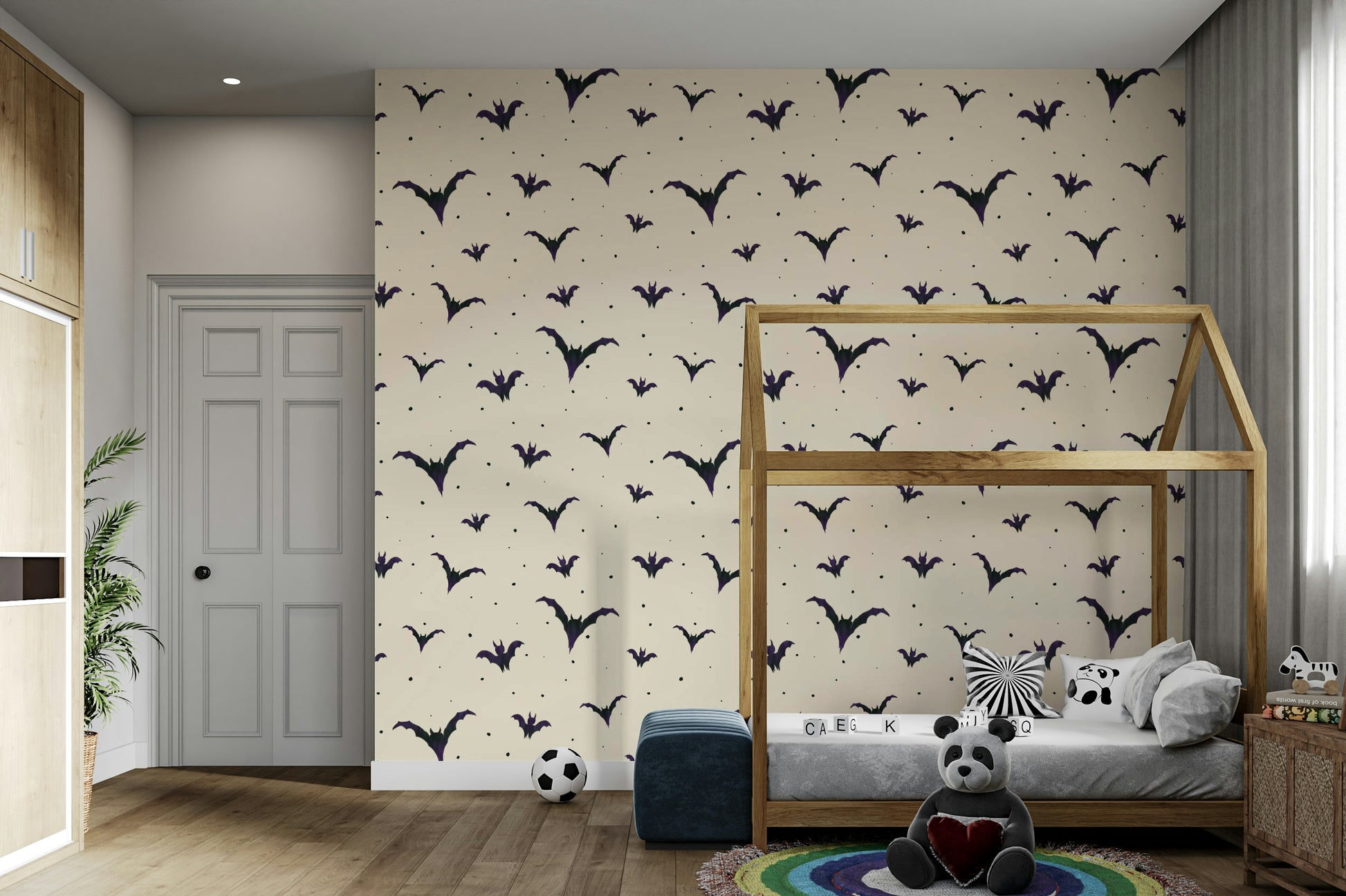 A wallpaper with a repeating pattern of bats flying in a night sky.
