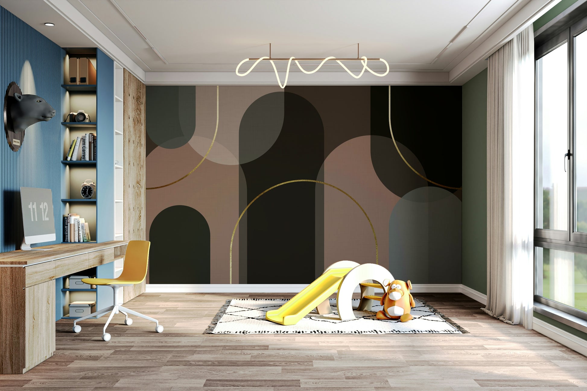 A wall mural with a pattern of large, flowing curves.
