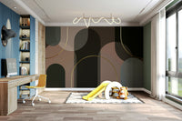A wall mural with a pattern of large, flowing curves.
