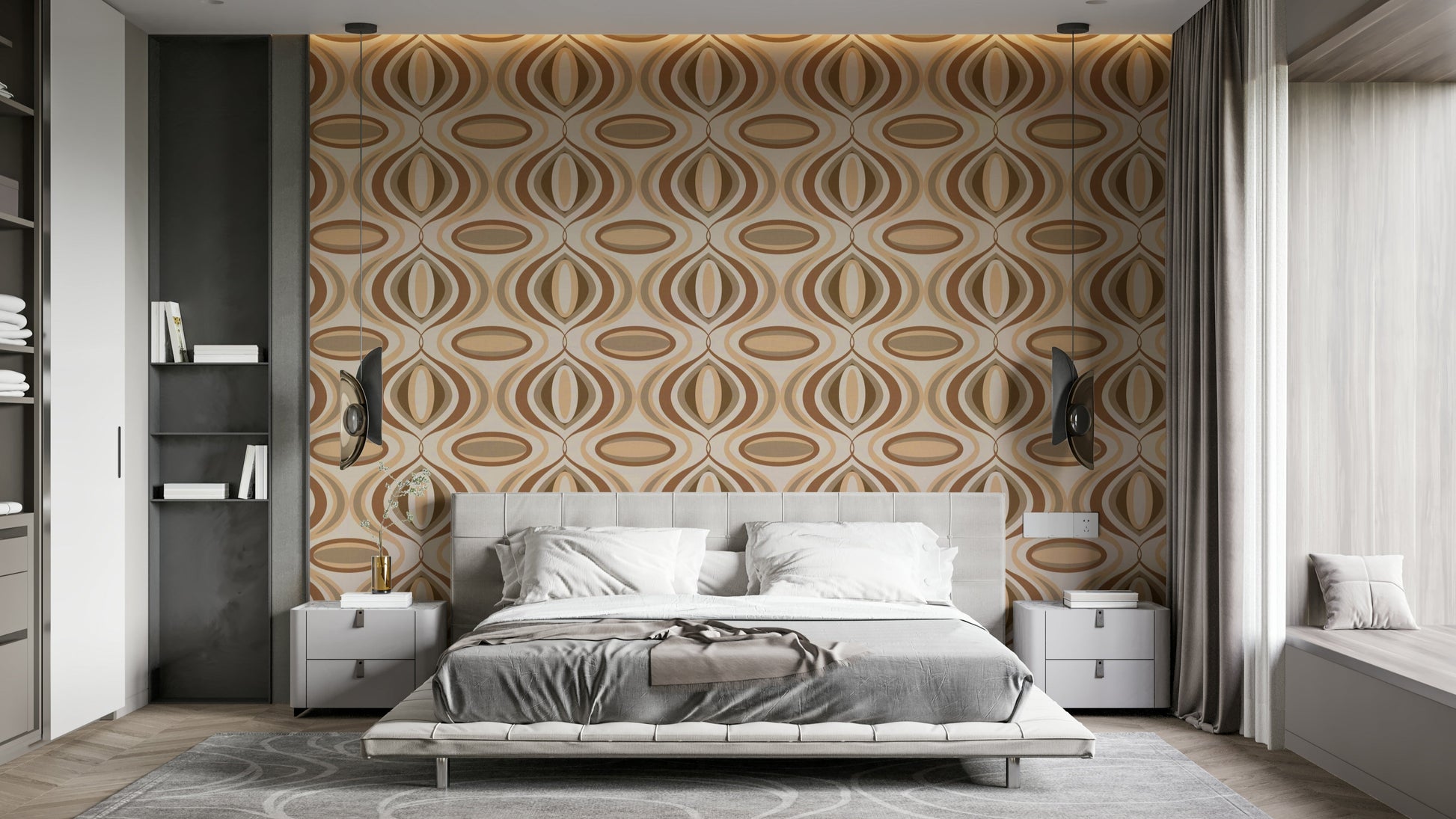 A wallpaper with a wavy, flowing pattern of wiggly lines.
