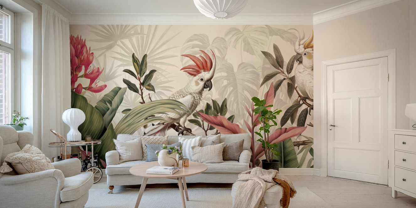 A wall mural of tropical cockatoo birds in a lush jungle scene.
