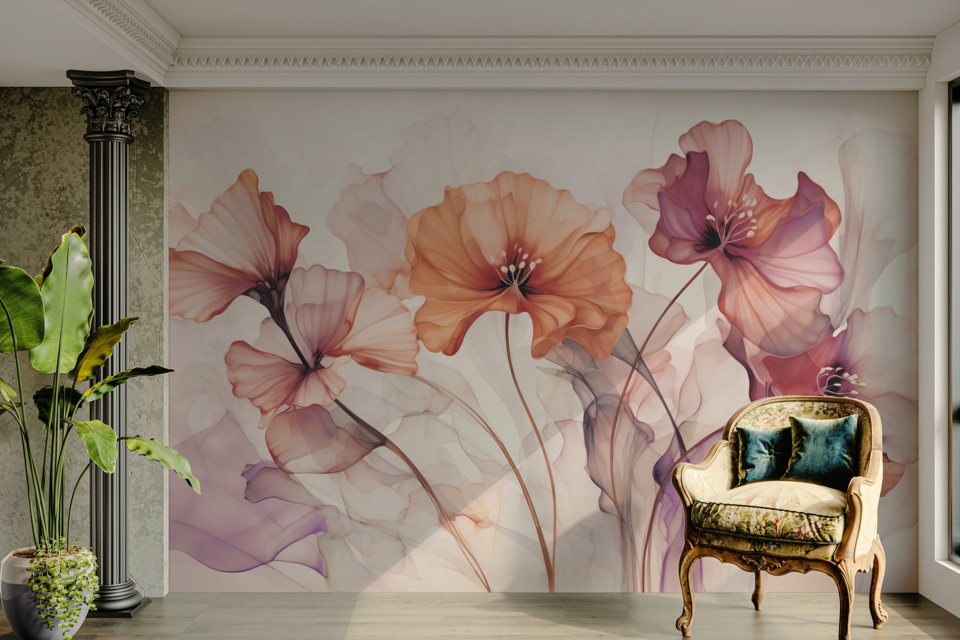 The background is a soft, muted color that complements the flowers.
