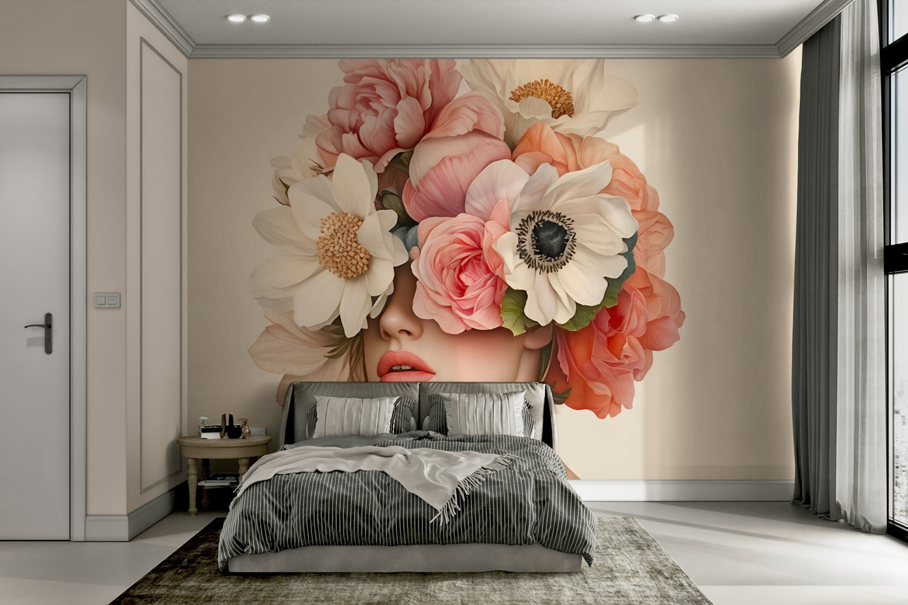 A close-up wall mural of a large, elegant flower.
