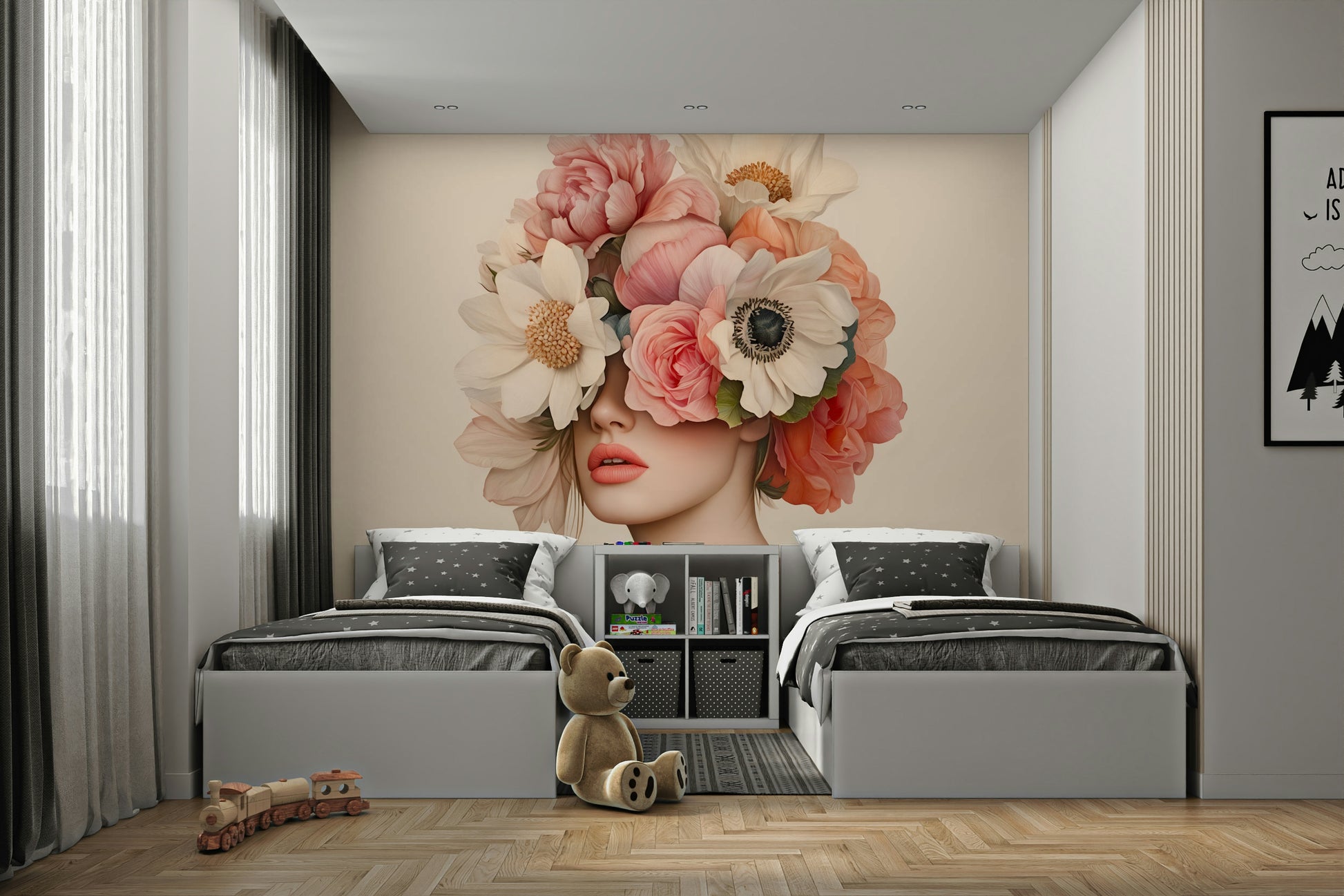 The colors are a soft, muted palette, such as pale pinks, creams, and grays.
