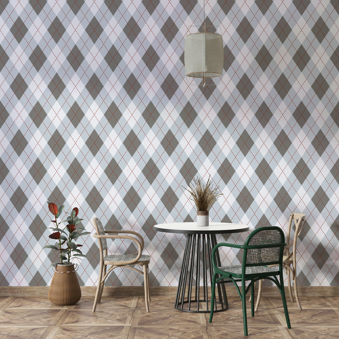 A wallpaper with a classic argyle diamond pattern.
