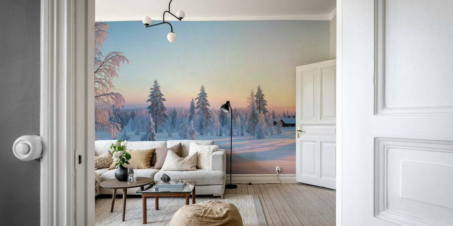 The colors are a mix of bright whites, soft blues, and warm yellow from the sun.
