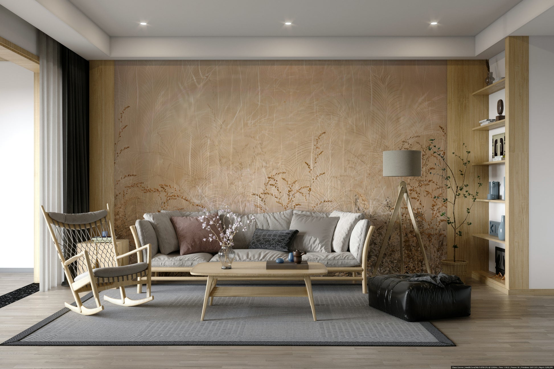 The design features delicate blooming flowers and tall grasses.

