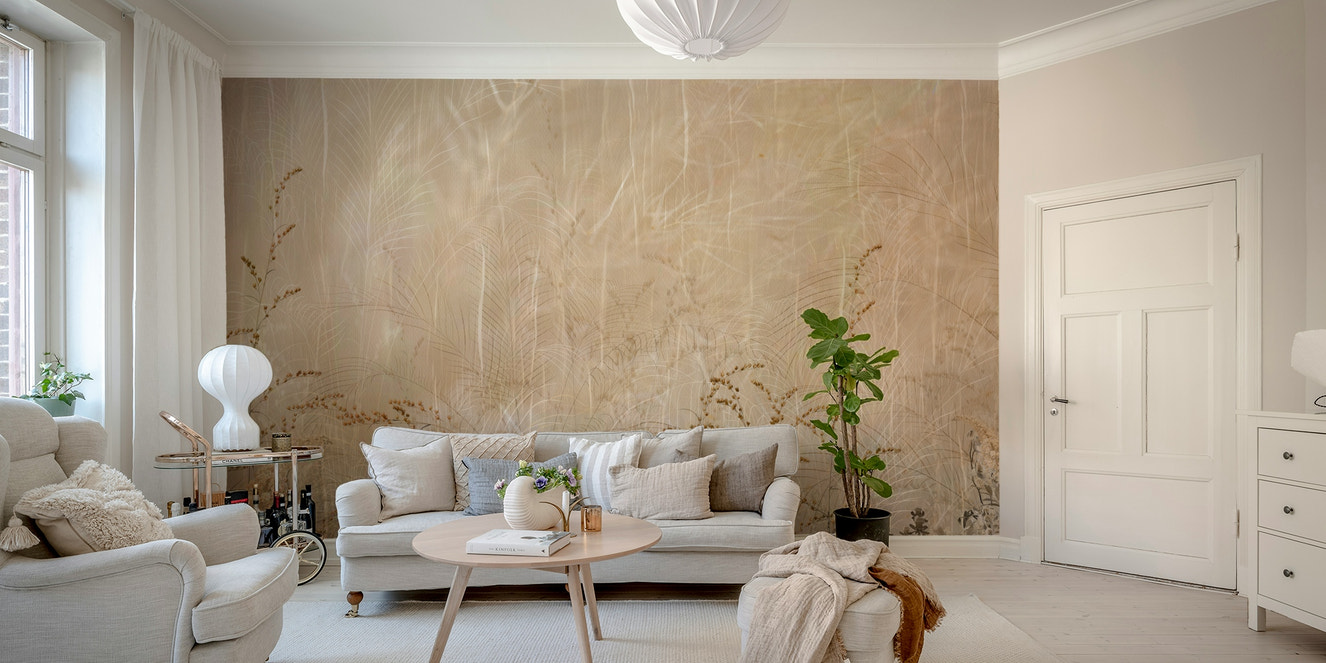 A peaceful wall mural with a field of meadow flowers.

