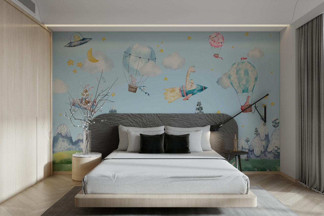 A peaceful wall mural with a whimsical sky scene.

