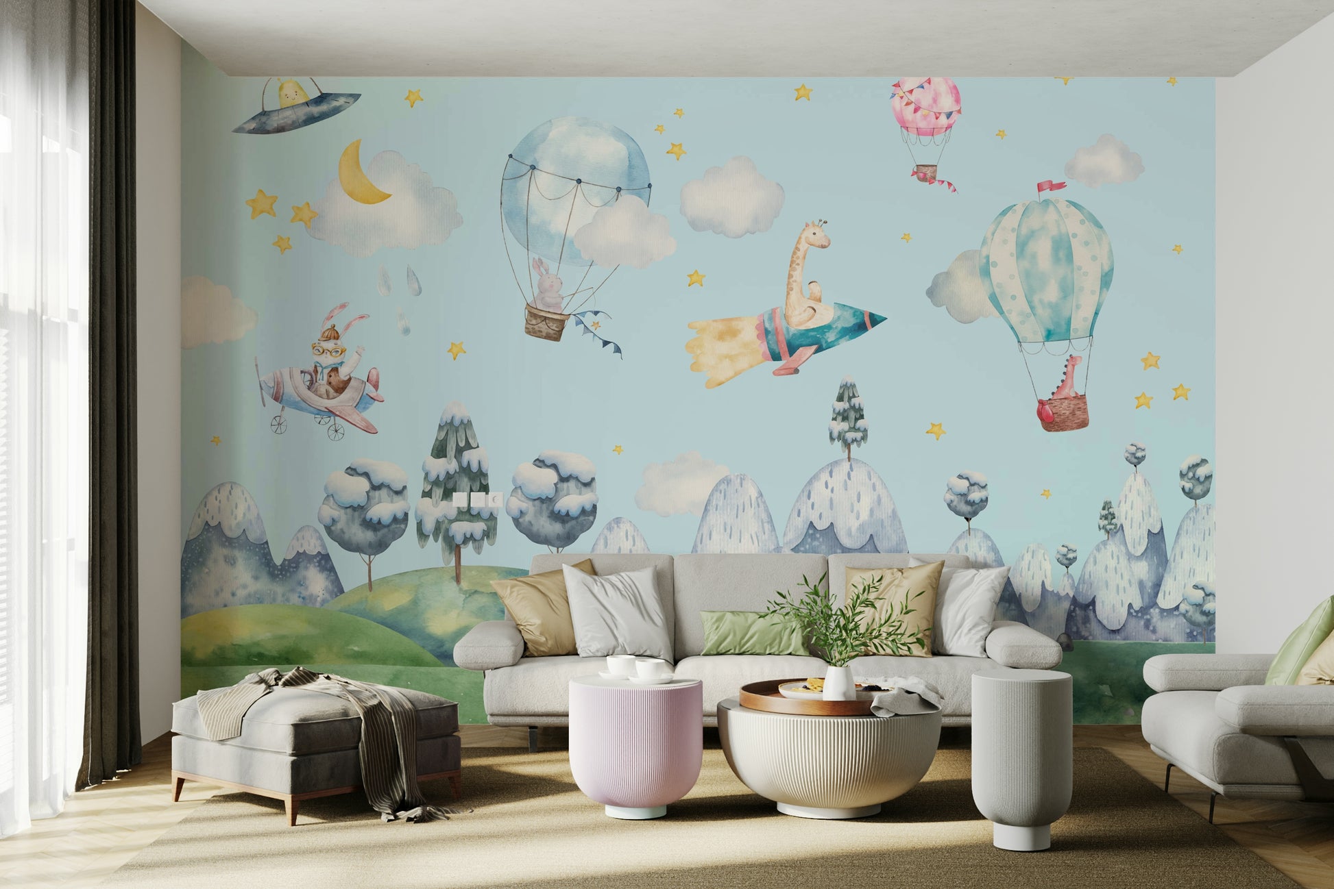 The colors are soft and gentle, with pale blues, pinks, and whites.

