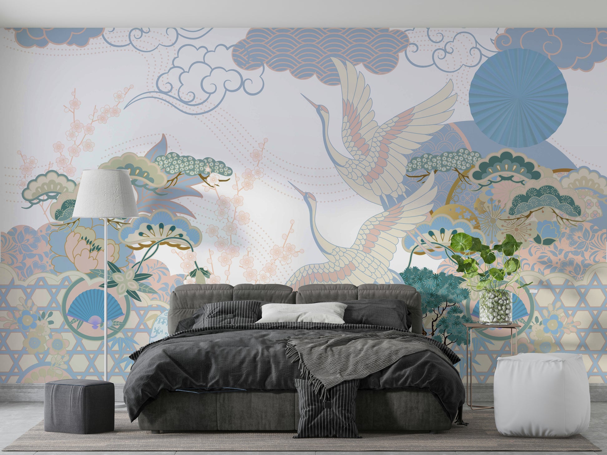 The design features a stylized pond, cranes, and bamboo.

