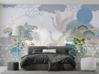 The design features a stylized pond, cranes, and bamboo.

