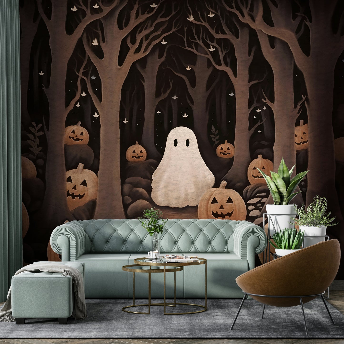 The pumpkins are glowing and have friendly faces wall mural.

