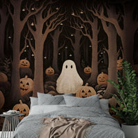 The design features a friendly ghost in a field of pumpkins wall mural.

