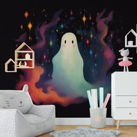 A peaceful wall mural with a whimsical ghost scene.

