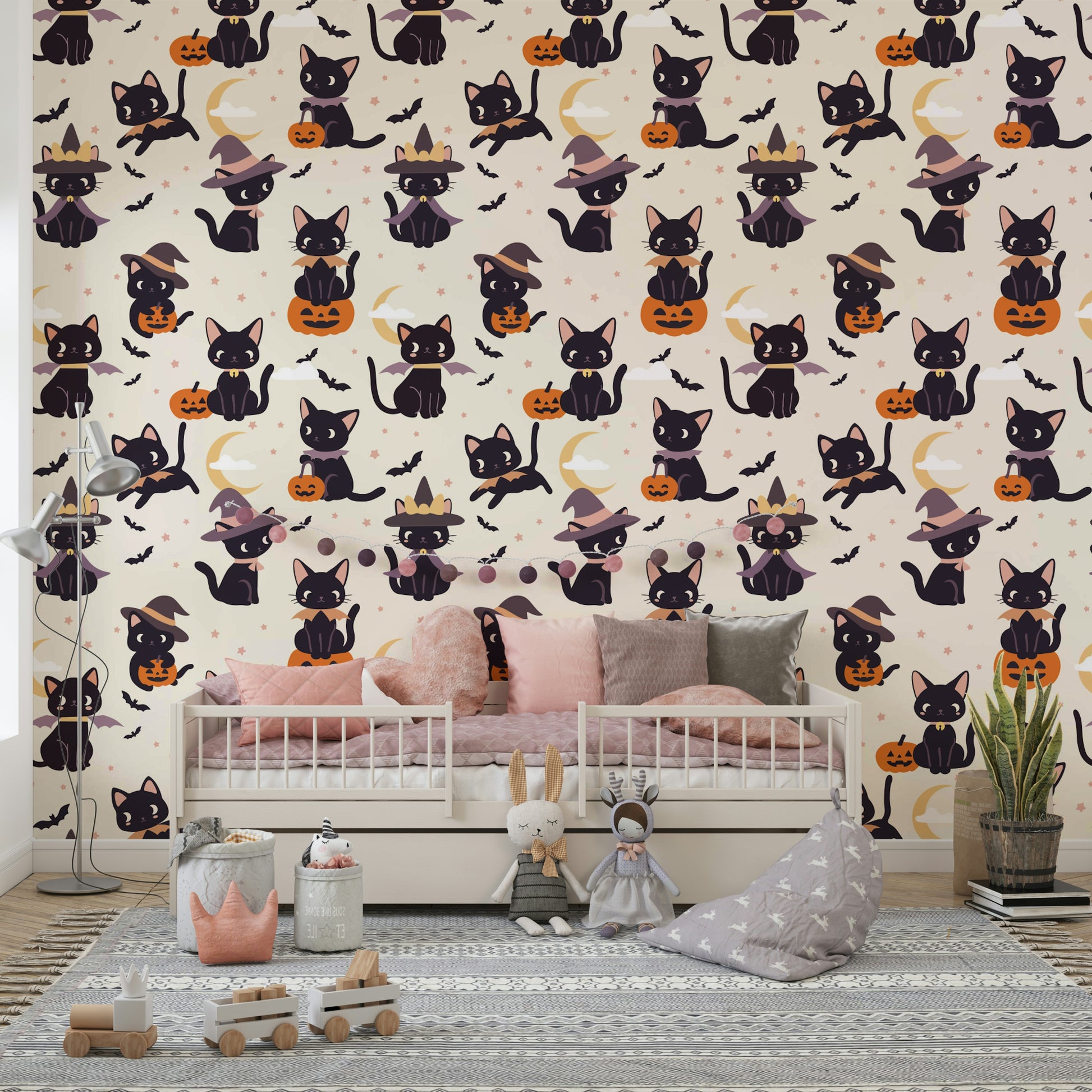 Cute Halloween Witch Cats graveyard wallpaper


