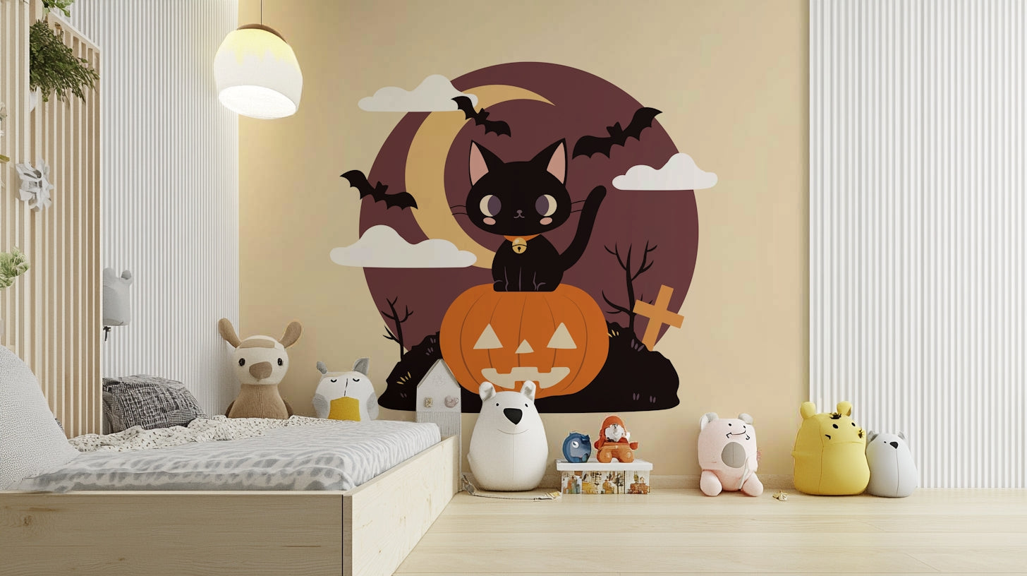 Spooky Black Cat on a Pumpkin graveyard wallpaper

