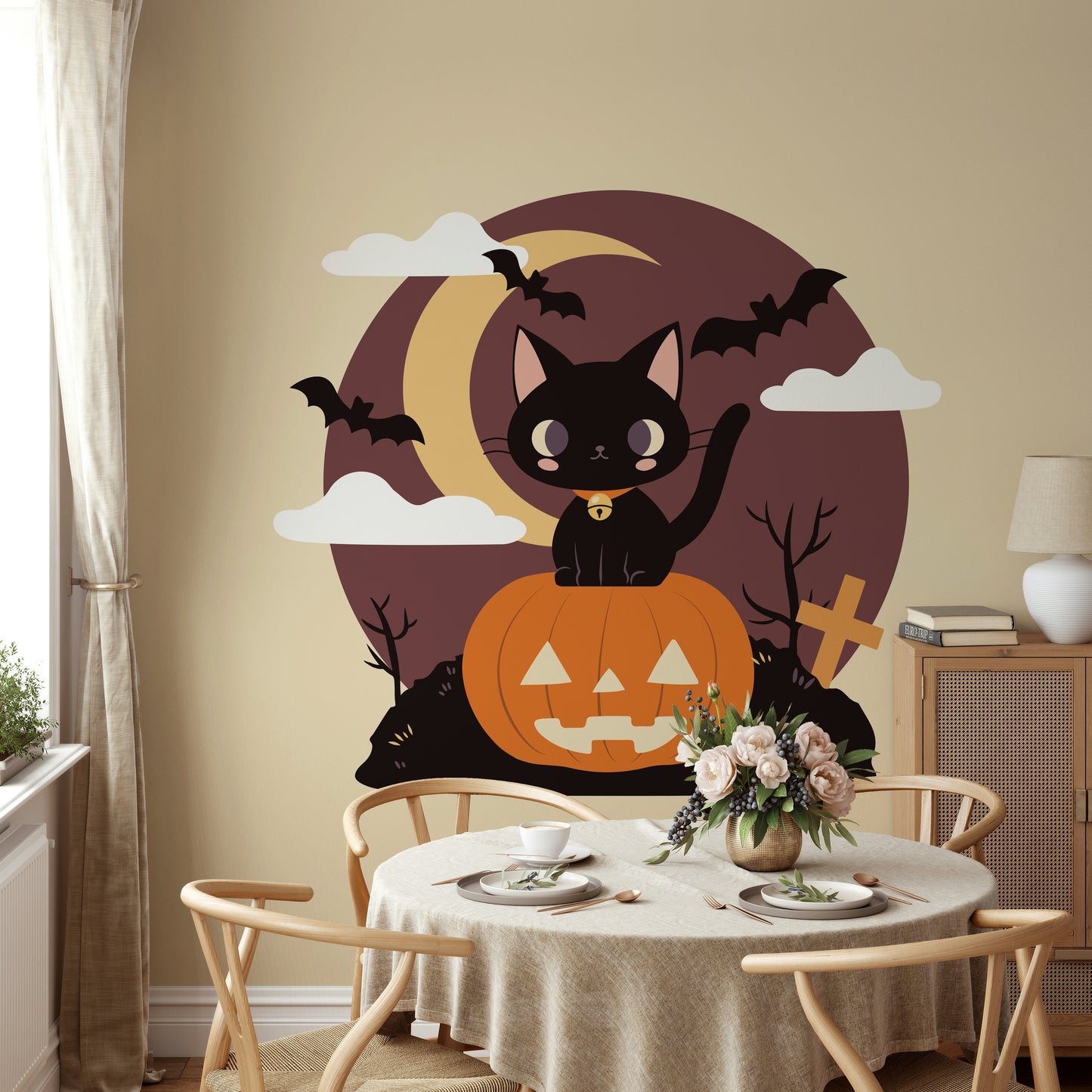 Spooky halloween wall mural featuring a black cat perched on a pumpkin.