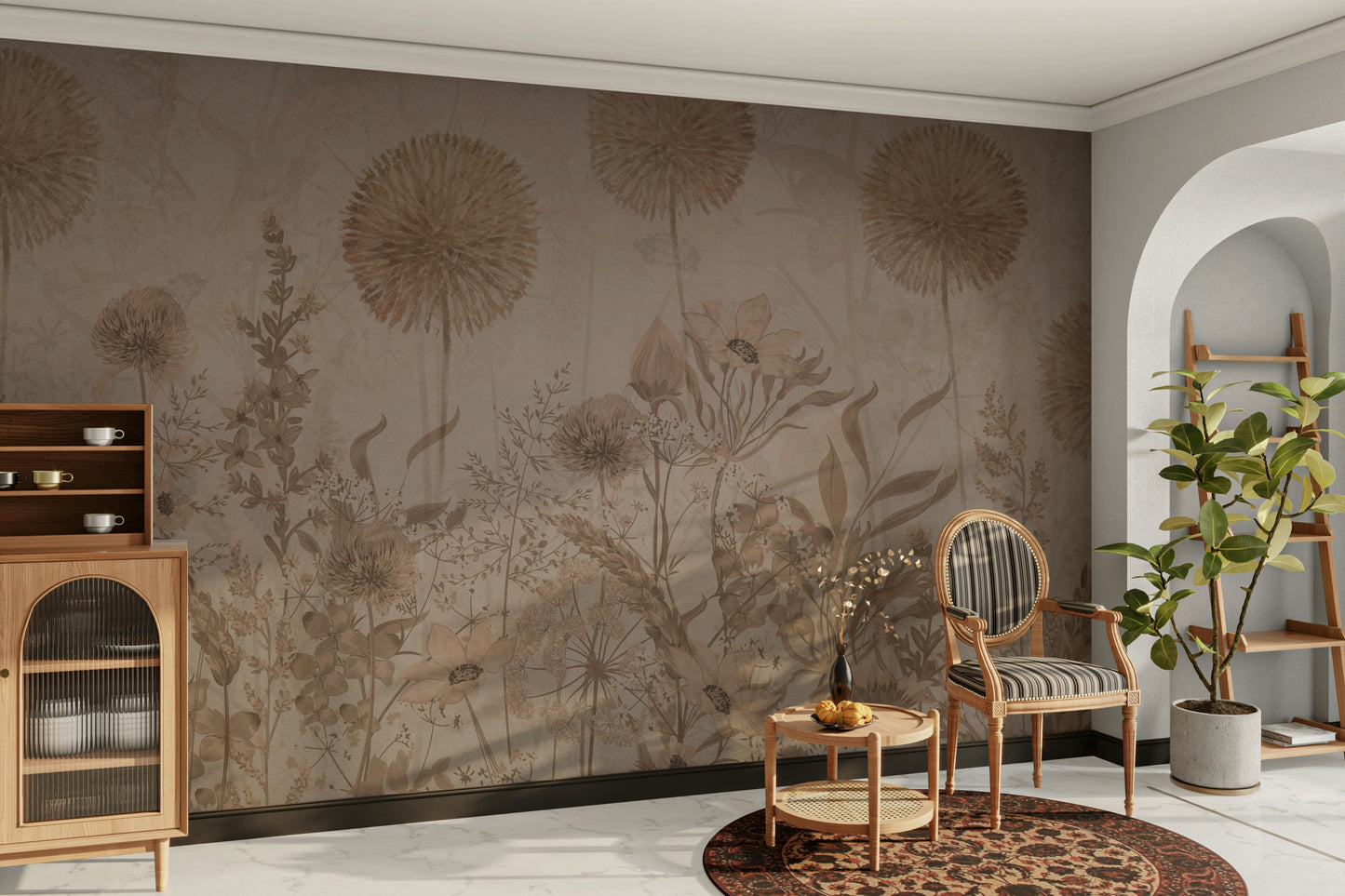 The design features blooming flowers and leaves.

