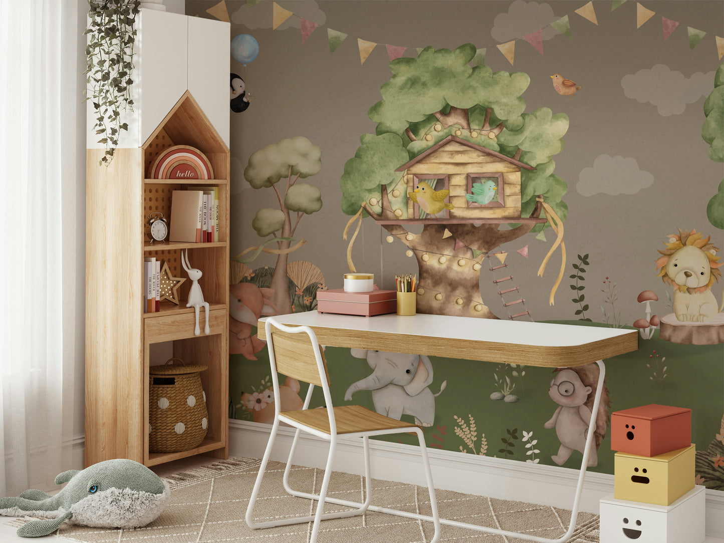 The colors are soft and gentle, with light greens, yellows, and browns.

