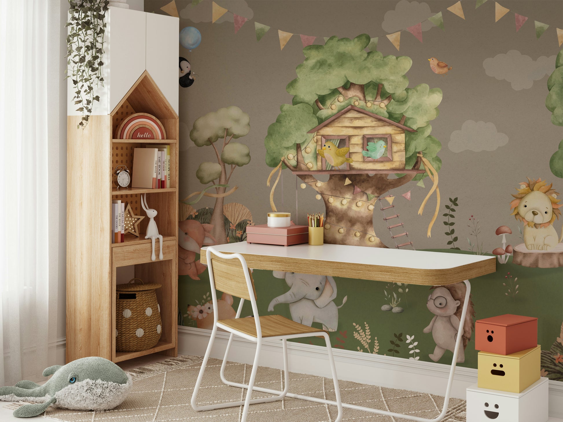 The colors are soft and gentle, with light greens, yellows, and browns.

