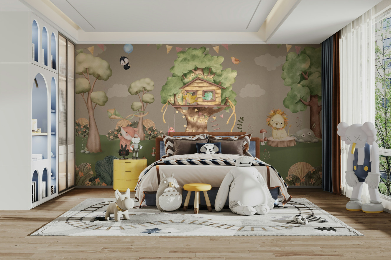 A peaceful wall mural with a whimsical forest glade scene.

