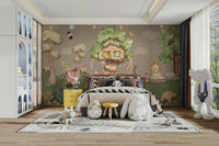 A peaceful wall mural with a whimsical forest glade scene.


