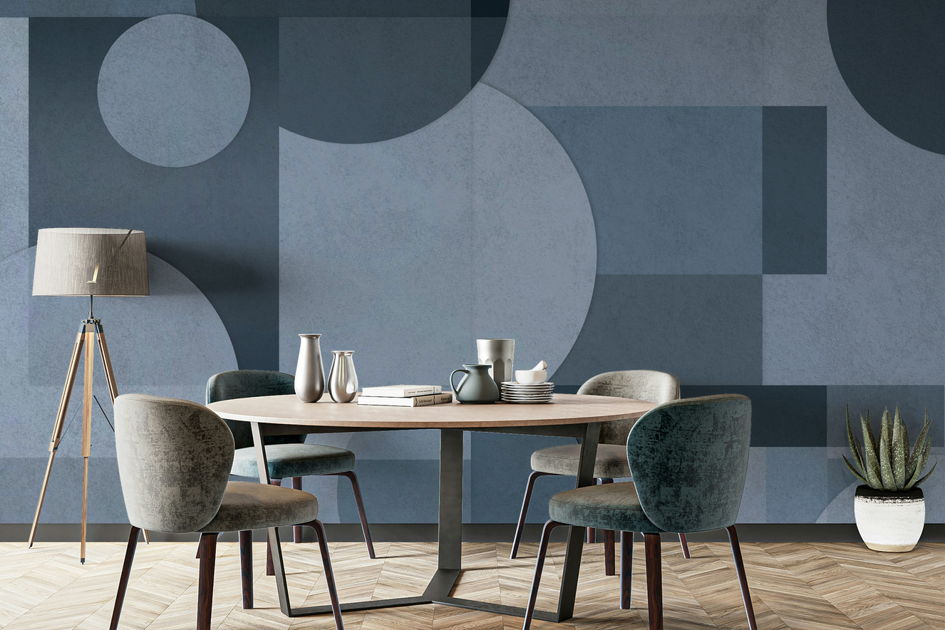 A peaceful wall mural with an abstract geometric design.

