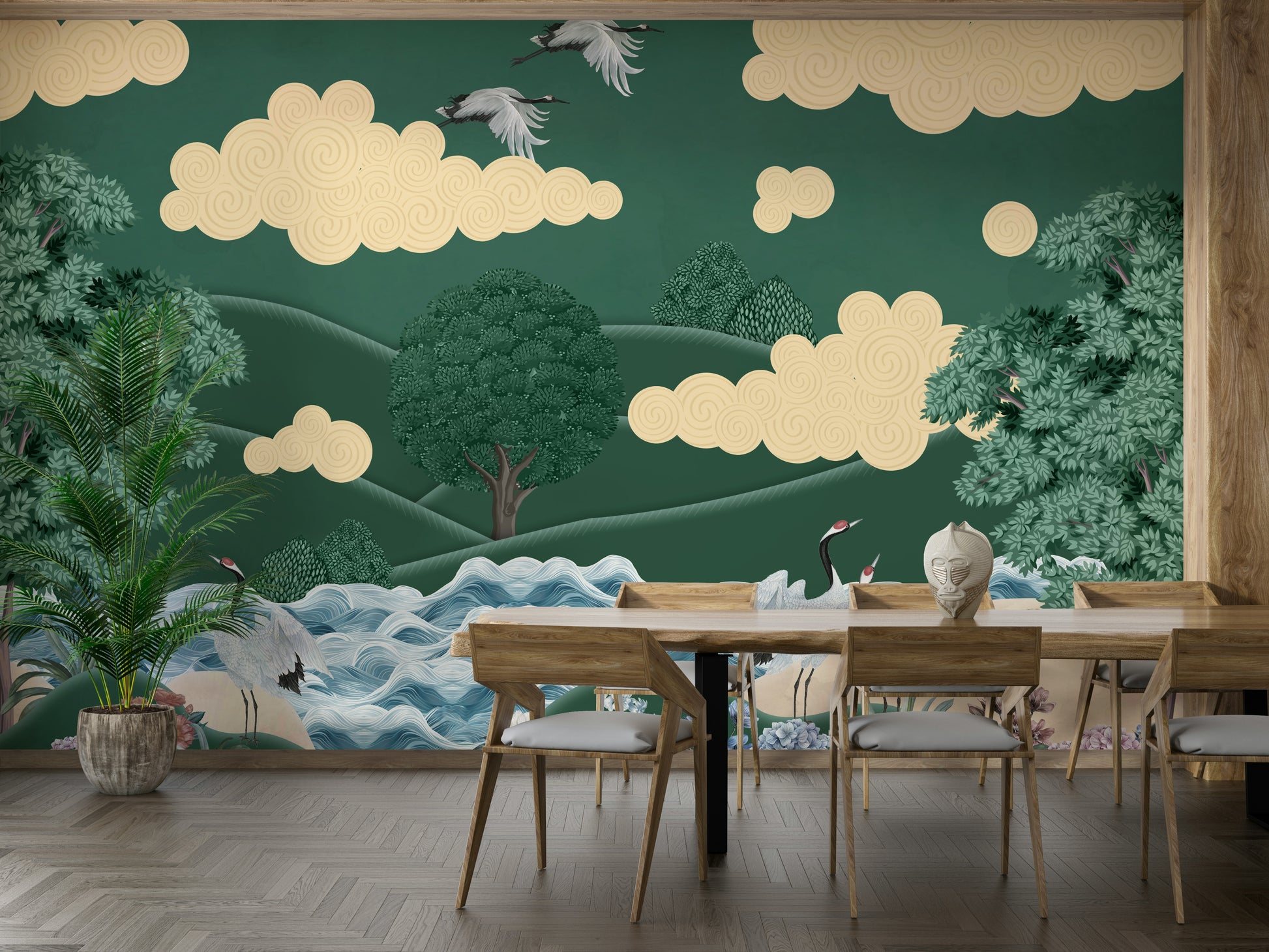 The cranes are shown standing or flying in a wide landscape.


