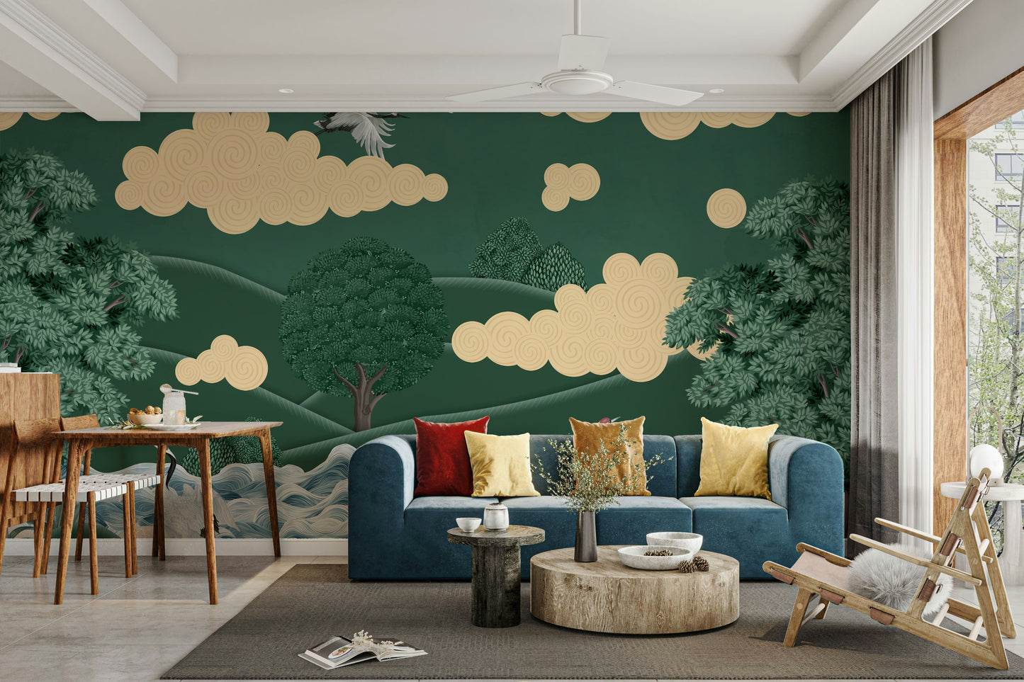 A peaceful wall mural with a scenic view of cranes.

