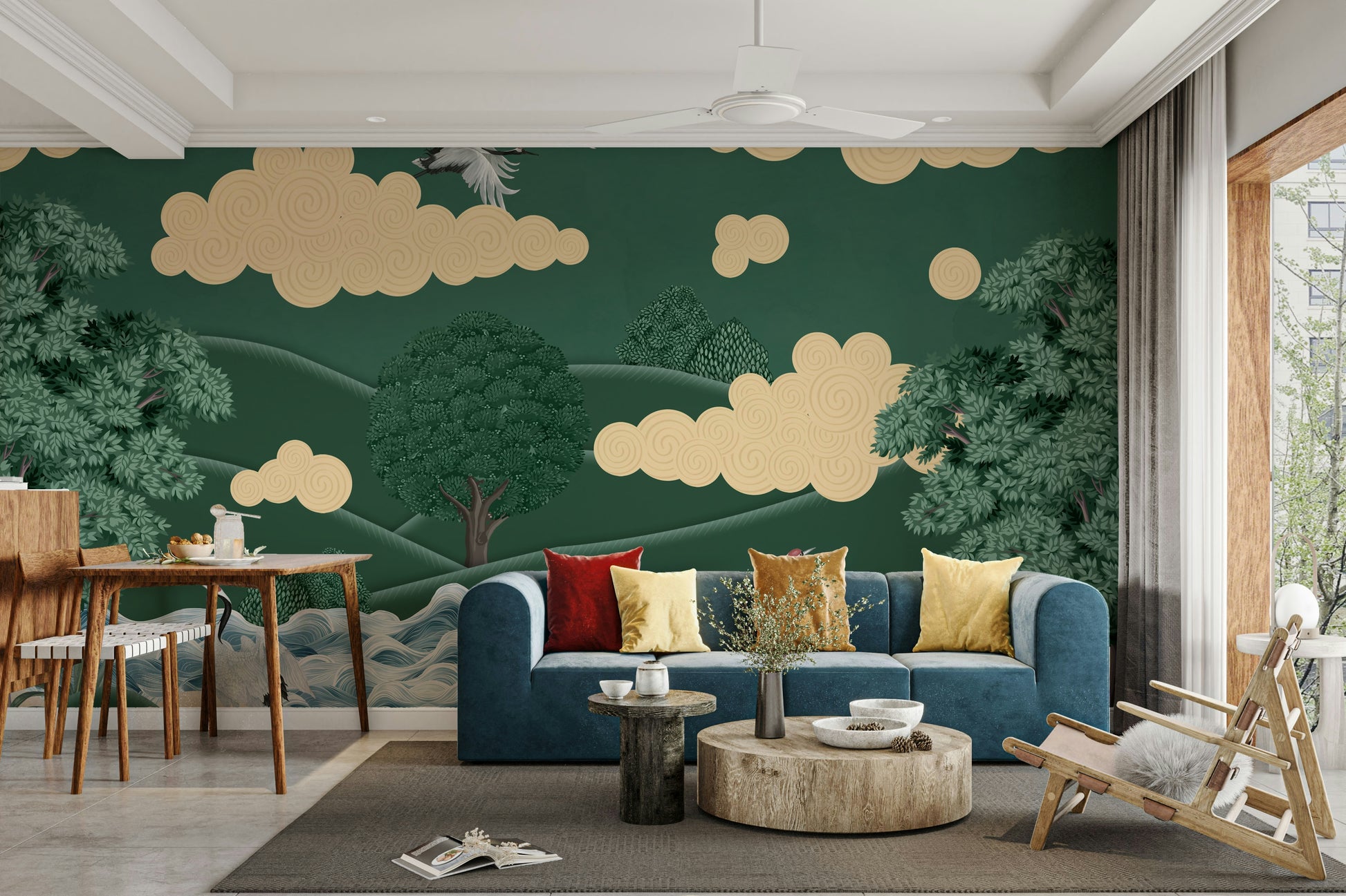 A peaceful wall mural with a scenic view of cranes.

