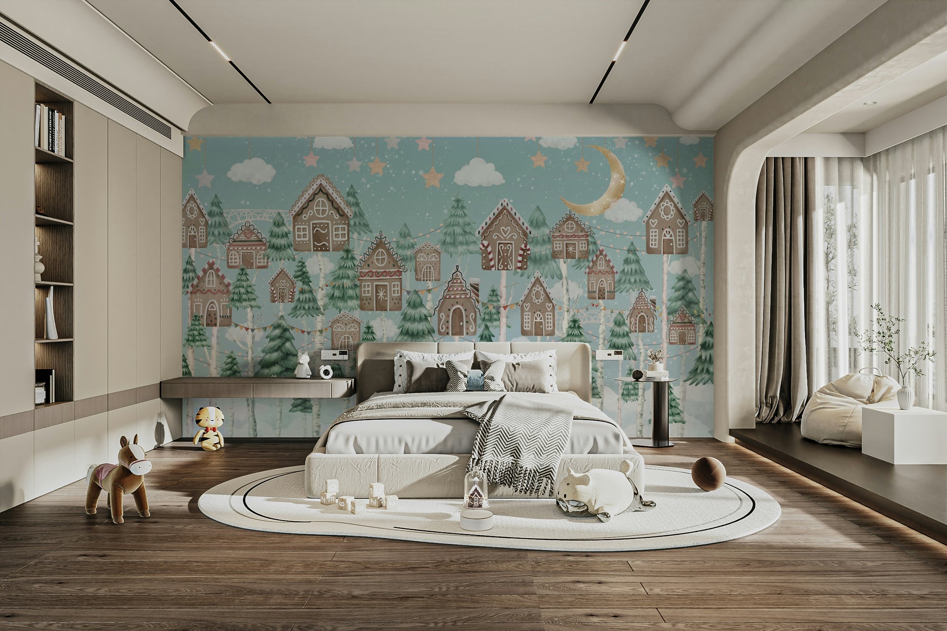 The design features trees made of gingerbread and candy.

